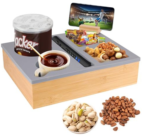 Kinberry Couchbar Snackbox, Couchbar Organizer mit 3 Snackschalen, 2 Becherhaltern mit Handyhalter beistelltisch mit Holz Sofatablett für Sofa, Kino Deko, Couch Organizer Bar mit Getränkehalter