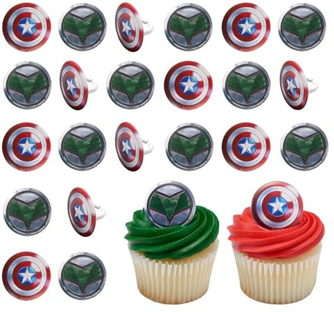 Marvel Studios Captain America: Brave New World Cupcake-Ringe, 24 Captain America & Falcon Cupcake-Dekorationen, lebensmittelechte Kuchendekoration, Partygeschenke, 24 Stück