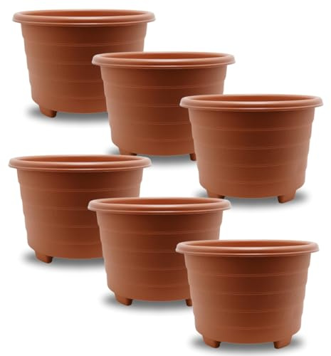 SIDSONS Large Terracotta Planter 32cm - Plastic Plant Pots, Indoor Flower Pot, Outdoor Garden Patio Planters, Marked Drainage Hole, Round Planter With Feet, Herb Plant Container (6, 32cm Terracotta)