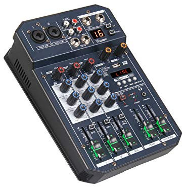 Mesas de mezclas de estudio, consola de mezclas portátil con tarjeta de sonido de 4 canales, mezclador de audio, 16 DSP integrados, alimentación fantasma de 48 V, toma de carga, mezclador compacto