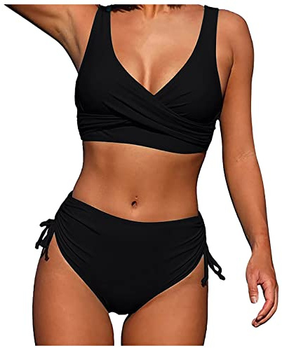 Singular-Point Damen Bikini Set Push up, Damen Große Größe Push Up Bikini Set Bauchweg Badeanzug Hoher Ruched Bademode Zweiteiliger,D Black,S