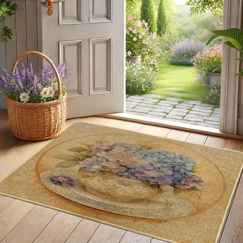 Zerbino floreale con ortensia, con fiori blu e viola, per decorazione primaverile ed estiva, per interni ed esterni, antiscivolo, impermeabile, antipolvere, facile da pulire, 73 x 43 cm