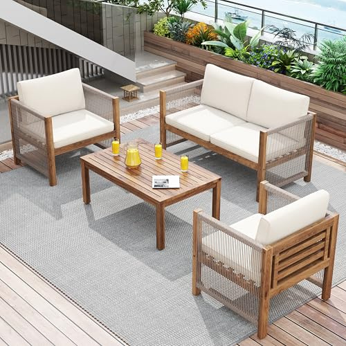 Gegtuon Gartenmöbel Sitzgruppe 4-teilige für Garten für 4 Personen, Möbel Outdoor Lounge mit Couchtisch & Stühle für Balkon, Gartenlounge mit Tisch & Sofa, Essgruppe aus Holz mit Sitzkissen (Beige)