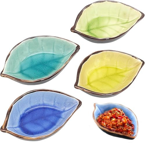 4 Piezas Cuencos Aperitivos Ceramica, 10.8x7x2.8 cm Cuencos para Salsa de Soja, Platos de Salsa de Cerámica, Cuencos Pequeños en Forma de Hoja para Condimentos, Especias, Nueces, Frutas, Bocadillos