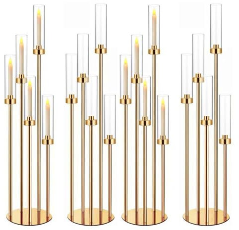 Kerzenständer - Stabkerzenhalter, 7-Armiger Kandelaber aus Metall mit klarem Acrylschirm, Bodenkerzenhalter für Hochzeiten, als Tischdekoration(4PCS)