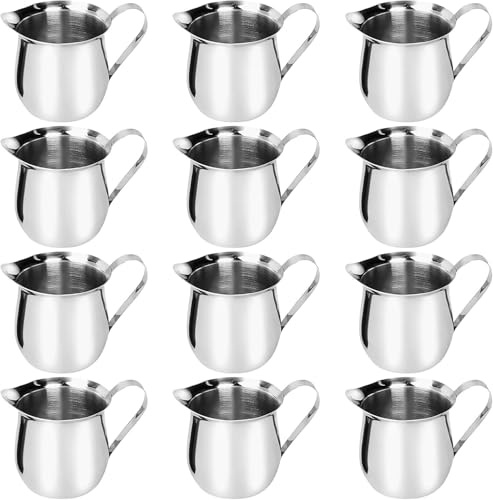 12 Pack Creamer Pitcher, 90 ml Stainless Steel Bell Creamer Container Coffee Creamer Dispenser Cups with Handle Small Milk Frothing Pitcher for Espresso Syrup Milk Salad Dressing Sauce