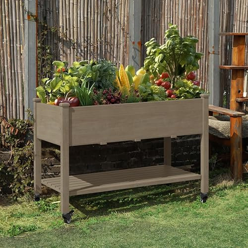 Jardinière surélevée d'extérieur en cèdre de 83 cm de Hauteur avec Doublure Amovible, Trous de Drainage et étagère de Rangement – Idéale pour Les légumes et Les Fleurs, Marron