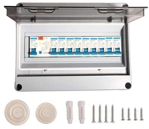 Shengbowi Consumer Unit Breaker 9 Way IP65 Waterproof Circuit Breaker Panel Garage Anti-Leakage Caravans Workshops Fuse Box 63A 30mA RCD 4x10 A+3x16A+2x20A MCB
