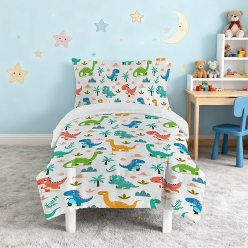 Snugoria Dinosaur Cot Bed Duvet Cover Set, Cartoon Pattern Toddler Bedding Set for Boys, Junior/Toddler/Cot Quilt Cover 120×150 cm and Pillowcase 40x60 cm