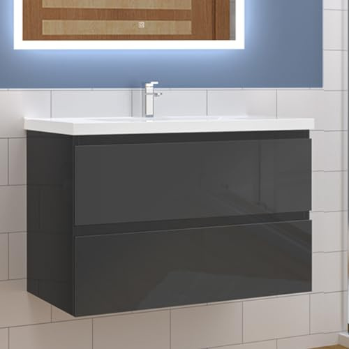 Aica Sanitär Waschtisch mit Unterschrank 100cm Alast Badmöbel Set Hochglanz Anthrazit Waschbecken mit Unterschrank MDF Softclose