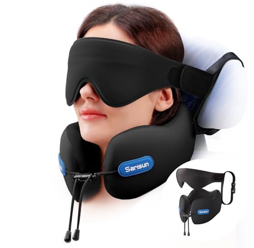 SARISUN Travel Pillow, Neck Pillow for Travel, Travel Pillows with Strap Combo with 3D Eye Mask for Sleep, Real Neck Support Memory Foam Neck Pillow for Airplane Flights/Car Road Trip Black