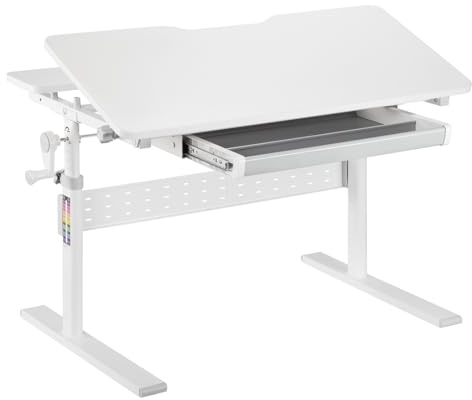 Spacetronik Kinderschreibtisch Höhenverstellbar 90x60 cm | Schreibtisch Kinder mit Neigbarer Tischplatte 0-40°, Kinder Schreibtisch mit Schublade & Haken für Rucksack, Weiß