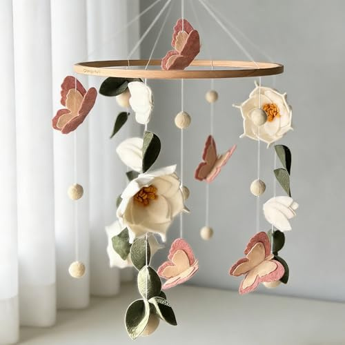 Baby Mobile Blumen & Schmetterlinge, Mobile fürs Babybett und Wickeltisch, Babyzimmer Deko mit Waldmotiv, liebevolles Baby Windspiele Geschenk für Jungen und Mädchen
