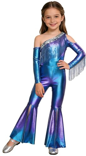 Yiesvsov Mädchen Metallic Jumpsuit Mit Pailletten Fransen Disco Outfit One-shoulder Hippie Kostüm Moderne Tanzarten Jazz Karnevalskostüm Rave Outfit Blau 122-128