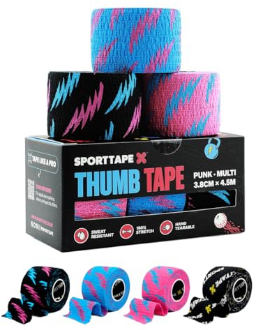 SPORTTAPE Hook Grip Tumtejp – 3 rullar, 3,8 cm x 4,5 m, Blandad | Självhäftande, svettålig och rivbar bomullstejp | Perfekt för tyngdlyftning, powerlifting och träning | Över 90 användningar