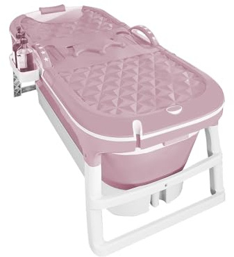 Baignoire Pliable Portable XL, 118 x 60 x 53 cm pour Adultes, avec Couvercle Amovible, Support Cervical et Système de Drainage Double, Panier à Savon (Rose)