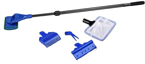 Ailan 5 in 1 Pulitore per acquari Raschietto per alghe Spazzola per la pulizia Pulitore per acquari Rastrello per ghiaia Kit di accessori con manico lungo antiscivolo Forca per piante con manico lungo