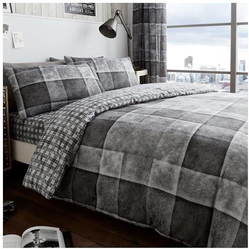 GC GAVENO CAVAILIA Luxury Denim Check Bedding Set - Tartan Duvet Cover with Matching Pillowcases, Polyester-Cotton, Grey, King