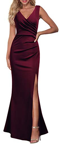WOOSEA Women Sleeveless V Neck Split Evening Cocktail Long Dress Burgundy