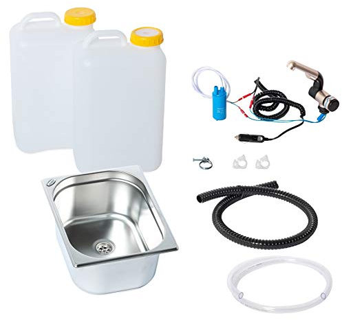 Wasseranlage Imbisswagen Verkaufsanhänger Campingküche 12v Bausatz Spüle 325x265x150 + Wasserhahn Barwig Chrom Wasserkanister 19Liter (ad-ideen)
