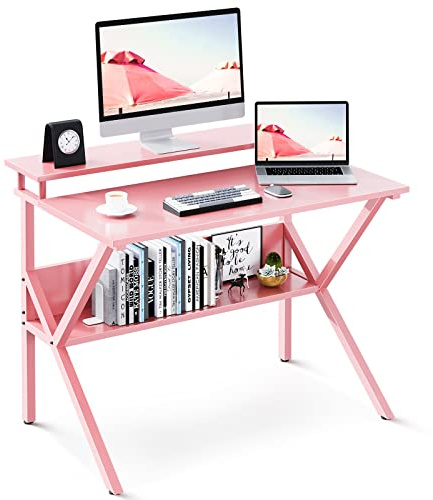 ODK 27.5 Inch Small Desk with Storage & Monitor Stand, Pink