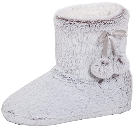 Lora Dora Womens Faux Fur Slipper Boots Ladies Memory Foam Plush Grey Bootie Slippers Grey M/UK 5-6