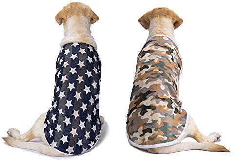 Miaododo Hunde-Shirts für mittelgroße und große Hunde, Camouflage, schnell trocknend, atmungsaktiv, dehnbar, ärmellos, Hunde-T-Shirt, Hundebekleidung (Navy Star + Khaki Camo, 38)
