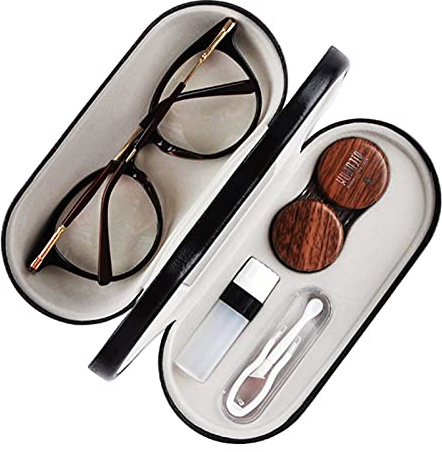 MUDOR 2 in 1 Contact Lens & Glasses Case, Double Sided Travel Kit with Remover Tool, Tweezers, Dual Use Design (Black)