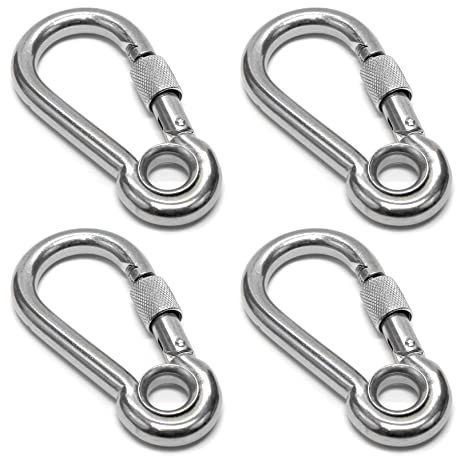 PRIOstahl Karabiner Karabinerhaken mit Sicherheitsmutter und Kausche - 5 x 50mm x 4 Stück mit Schraubsicherung Verbindungsglied Schraubkarabiner Befestigung Hängesessel Boxsack Edelstahl V4A