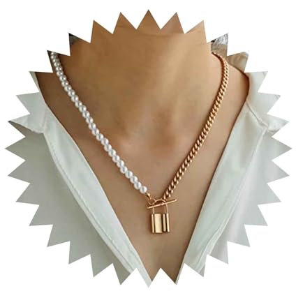 Allereya Punk Padlock Pendant Necklace Gold Pearl T Bar Necklace Lock Necklace Curb Chain Splicing Necklace Jewelry Gift for Women and Girls