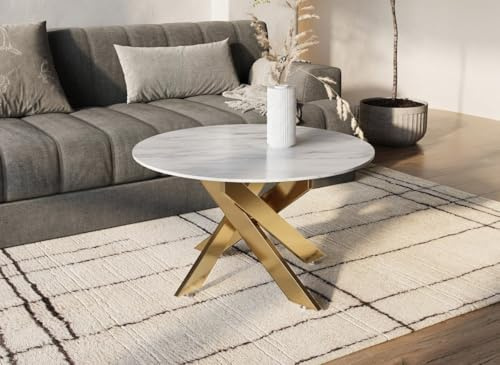 DecoInParis Table Basse Ronde Design Verre marbré et Pieds dorés Melissa