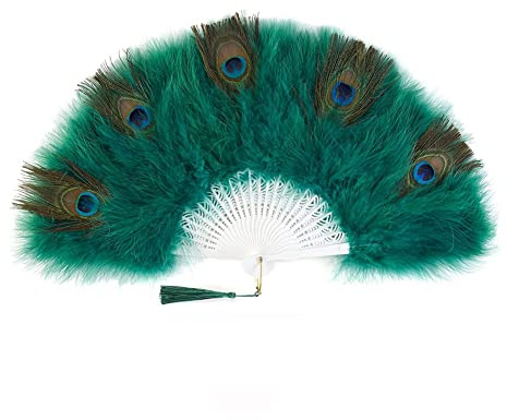 Yurosiay Ventaglio a mano da donna, pieghevole, con piume di pavone, con nappa, a forma di piuma, scomparti per danza, per matrimoni, feste, carnevale, decorazione per la casa, verde