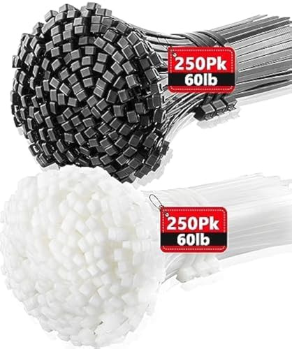 Kabelbinder Schwarz und Weiß Kabelbinders 300mm x 3,6mm, 500 Stück UV Beständig Cable ties Set 30cm für Kabelmanagement Zip Tie Wraps Wire Ties