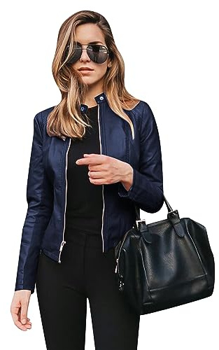 OMZIN Femmes Zip Similicuir Moto Veste Couleur Unie Court Bouton Pression Cou Manches Longues Manteau Bleu Marine XL