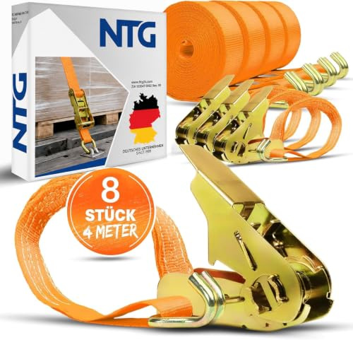 NTG Spanngurte mit Ratsche 8 Stück 4m 800kg 2-teilig - TÜV GS mit Haken | 25mm breit 0,8t Ratschengurt Zurrgurte - Ladungssicherung LKW Anhänger - Kfz Werkstatt Transportsicherung