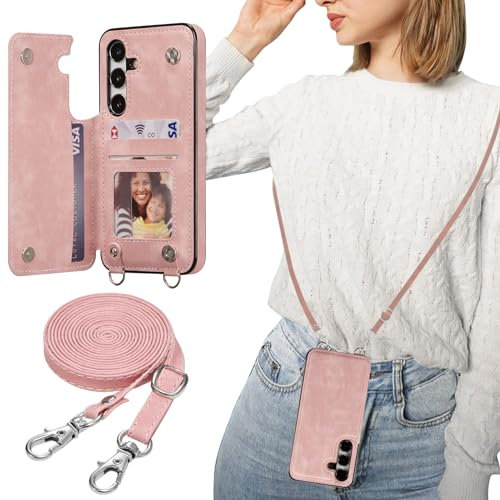 ZTOFERA Handyhülle mit Band Kette für Samsung Galaxy S24, Matt Weiche Rückseite Hülle mit Kartenfach Kordel Schnur Umhängeband, Premium PU Leder + TPU Schutzhülle Lanyard Case, Roségold