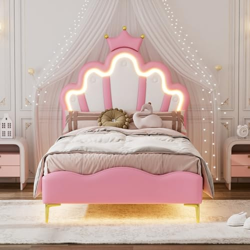 Polsterbett Einzelbett 90x200 cm, Kronenförmiges Prinzessinnenbett mit LED-Beleuchtung, Bett mit Lattenrost und Rückenlehne, Mädchenbett Kinderbett Jugendbett Gästebett, PU-Leder, ohne Matratze, Rosa