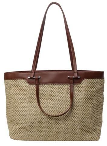 Starnearby Sac de Plage Femme Paille, Sac Cabas en Paille Femme, Tote Bag Sac à Main Tissé, Sac Porté épaule Femme élégant, Sac Fourre-tout Mode Vintage pour Voyage, Date et Vacance