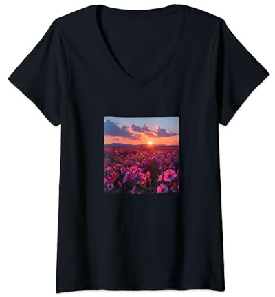 Womens Oleander Flower Field Beautiful Sunset Graphic V-Neck T-Shirt