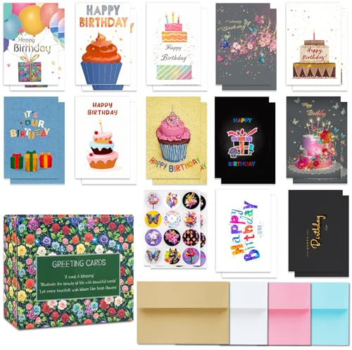 GREETING ART 24 Geburtstagskarten |Glückwunschkarten zum Geburtstag |12 Designs Geburtstagskarten Packung mit 24 Umschlägen und 24 Aufklebern, für alle Altersgruppen geeignet