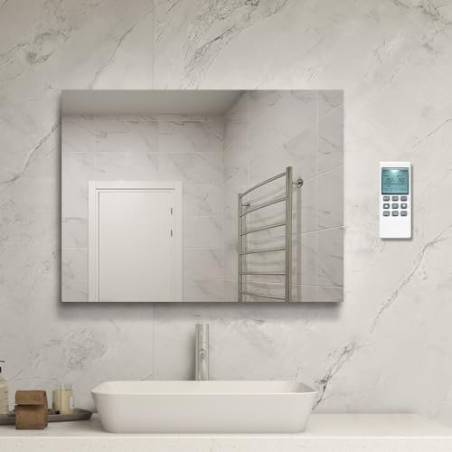 byecold Infrared Heated Mirror with thermostat, 450W Electric Heating Bathroom Vanity Mirror with Remote Control Wall Mounted WaterprooF/Anti-Fog - 800x600mm