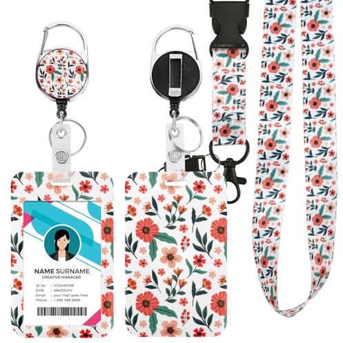 Porta badge/ID con cinturino, filo retrattile e clip staccabili, per il collo, regalo per impiegati d’ufficio, gli insegnanti e gli infermieri, motivo a fiori