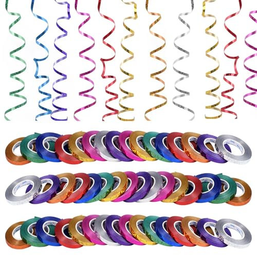 48 Piezas Serpentinas Brillantes de Colores,10m×5mm Cinta de Bucle Decorativa,Duradera Rizada Metálica Colores Cintas Regalo,para Manualidades, Globos,Envolver Regalos,Navidad,Cumpleañosde Fiesta