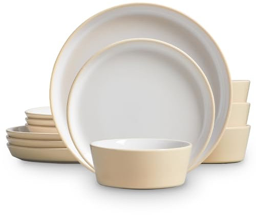 Service de Vaisselle 12 Pièces pour 4 Personnes | Ensemble Moderne en Porcelaine avec 4 Assiettes Plates, 4 Assiettes à Dessert et 4 Bols à Céréales | Design Rustique Style Ferme, Beige Clair