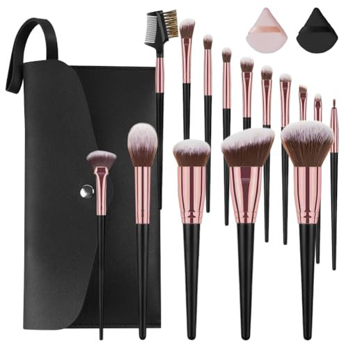 Vicloon Makeup Brushes, 15Pcs Professional Makeup Brushes Set with PU Leather Bag, 2pcs powder puff (cosmetics), Premium Synthetic Foundation Face Powder Concealers Eyeshadow Blush, Comfortable-Black