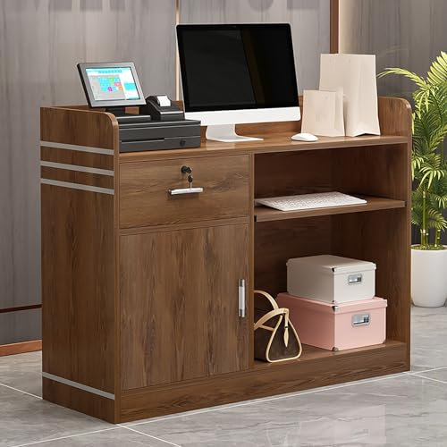 Moderner Empfangstisch mit abschließbarer Schublade und Schrank für Salon, Büro, Braun, 120 cm