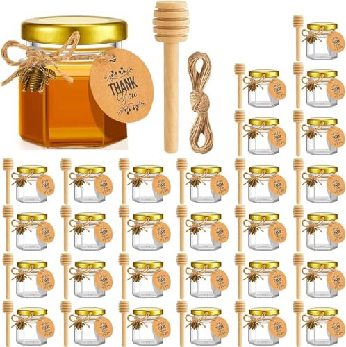 Mini tarros hexagonales de vidrio para miel, 42 g con cazos de madera, dijes de abeja y arpillera, juego para baby shower, recuerdos de boda, regalos de fiesta, almacenamiento de dulces y mermeladas