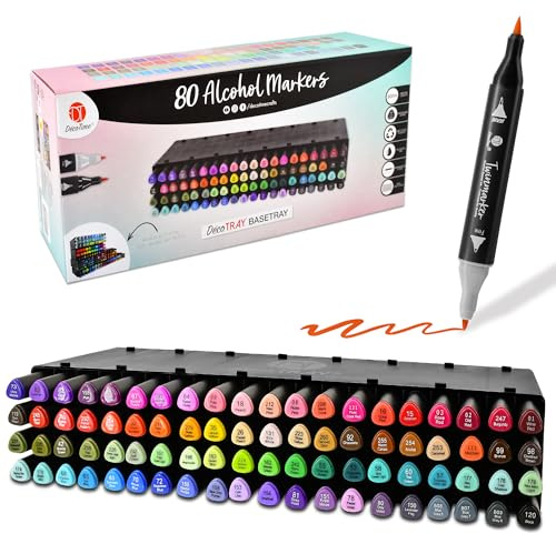 Decotime Twin Alkohol-Marker mit stapelbarer Alkoholmarker-Aufbewahrungsschale – 80 Dual-Tip Fein- & Pinselmarker – farbige Markerstifte für Erwachsene, Kinder – schnelltrocknende Kunstbedarf zum