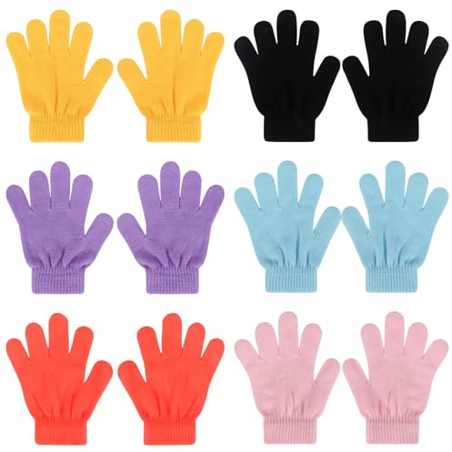QKURT 6 par magiska elastiska handskar för barn, unisex stickade handskar, varma vinterhandskar, färgglada termohandskar för pojkar och flickor i åldrarna 4–12, dagligen, Färgad med orange-röd, Taglia