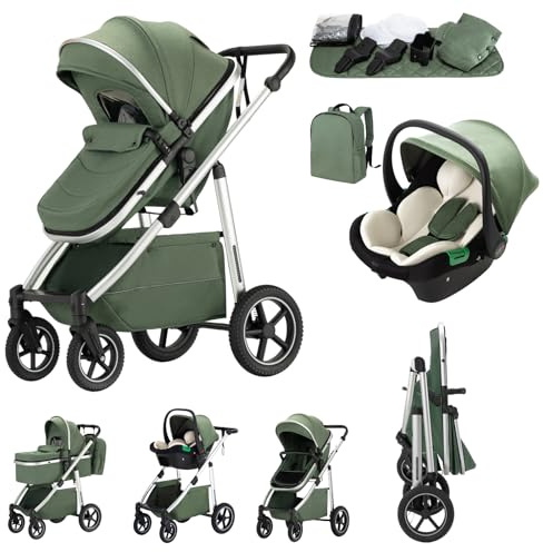 Zkiprm Passeggino combinato 3 in 1, con seggiolino auto, pieghevole, telaio in alluminio, cestino capiente,zanzariera/copertura/guanti/portabicchieri/parapluia, Zaino in omaggio, 0-4 anni